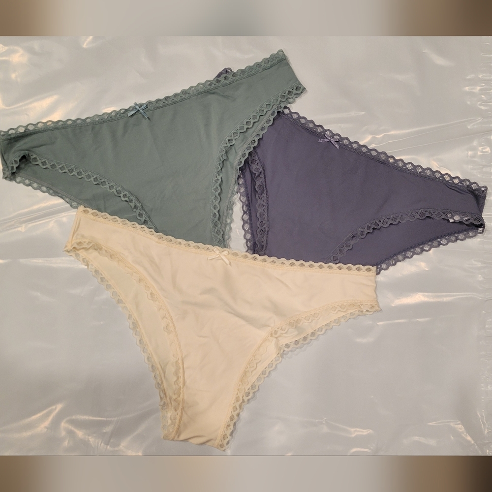 Lace-Trim Bikini Briefs in Sage, Lavender, and Creamset Of 3